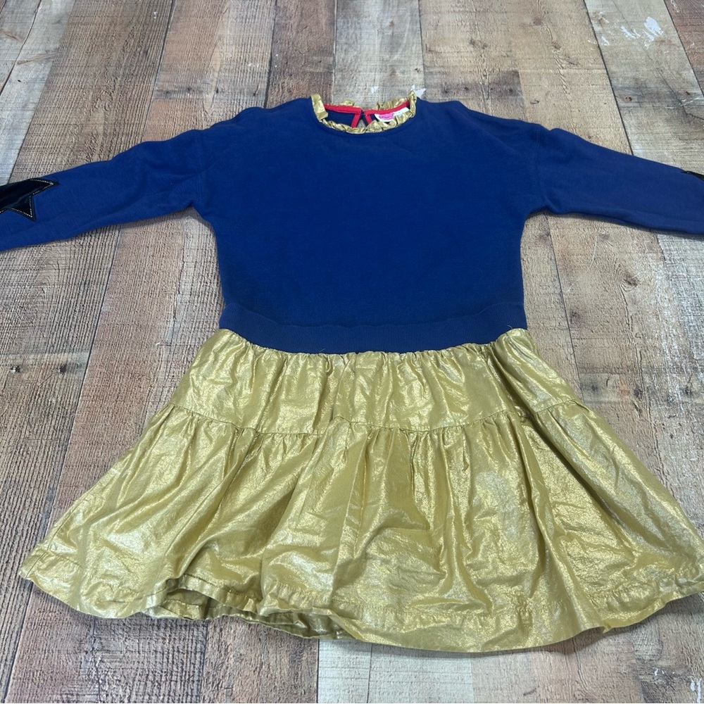 Mini Boden Blue and Gold Star Sleeve Girls Sweatshirt Casual Dress